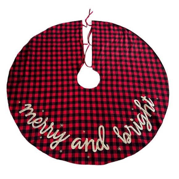 Christmas Tree Skirt 53in Xmas Tree Skirt Red Black Buffalo Plaid Reversible - Picture 1 of 10